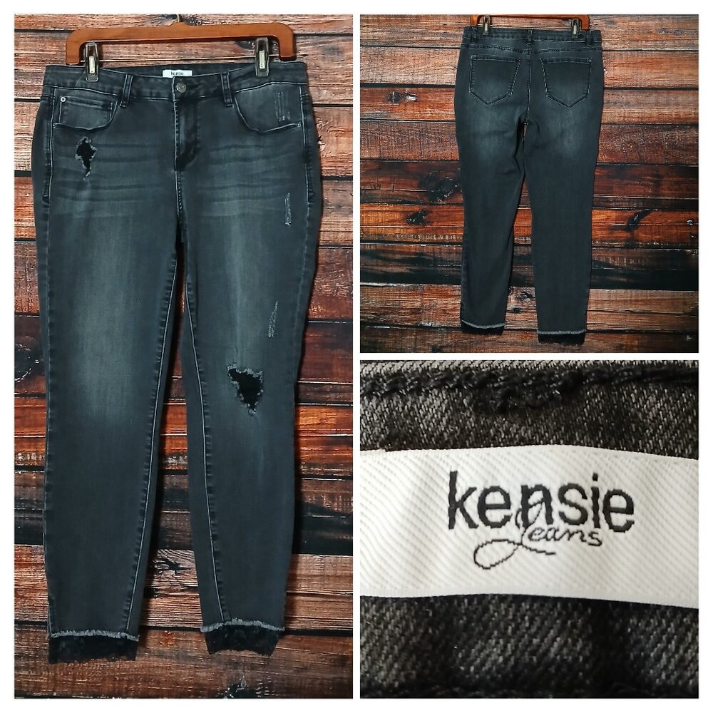 Kensie Jeans 10 Washed Black Denim Ankle Lace Cuff Slim Stretch Distressed